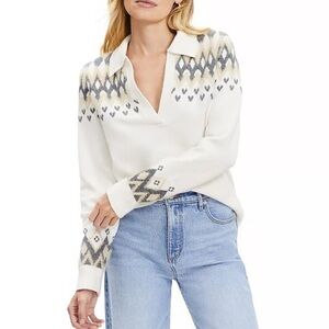 LOFT V-Neck fair isle Sweater with Cream and Gray Pattern